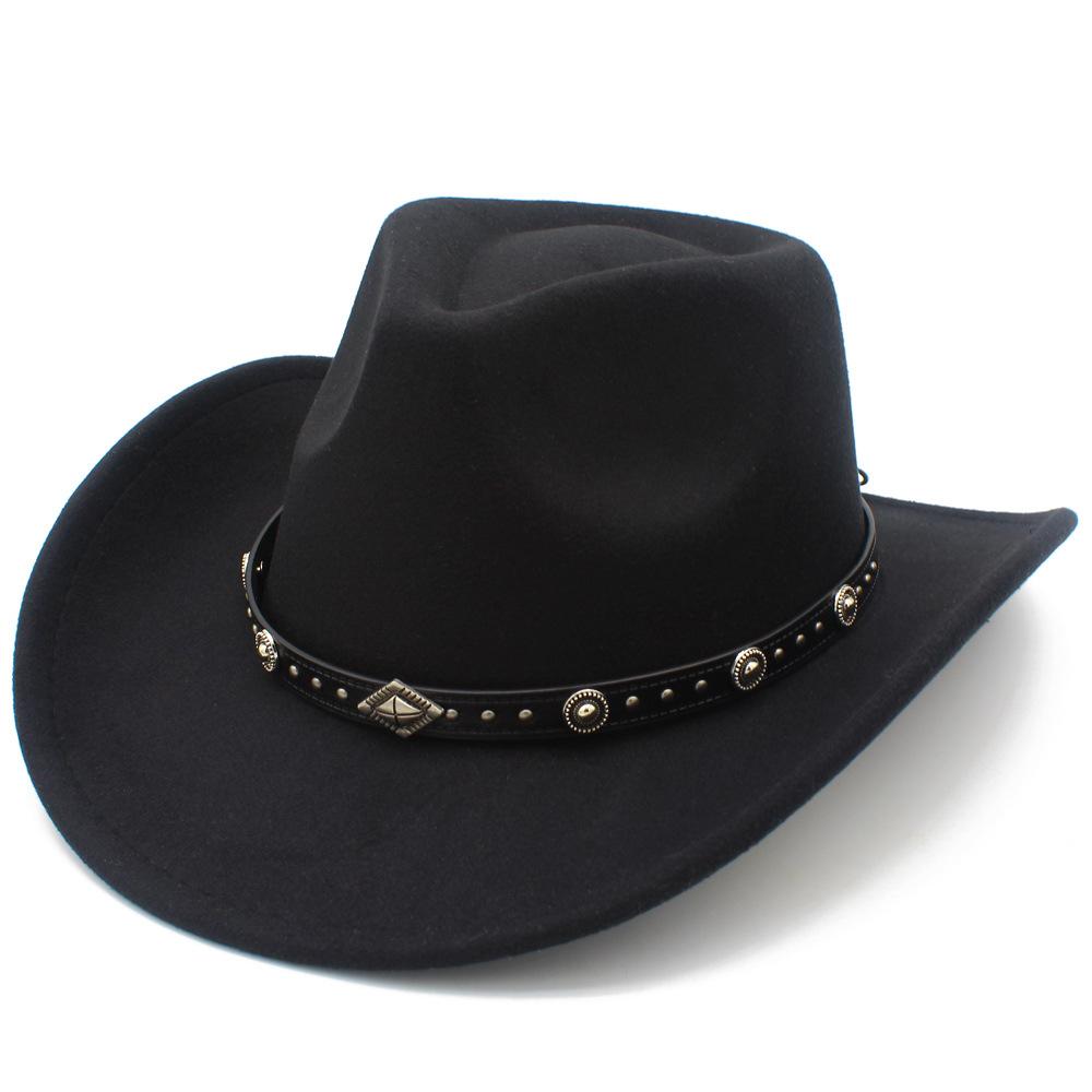 European and American Style Men and Women Couples Western Cowboy Hat Woolen Wide Brim Party Performance Hat Black Rivet Decorative Top Hat