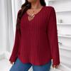 Autumn   Solid Color Plus Size Women's Elegant Fashion Blouse V-neck Pit Strip Long-sleeved T-shirt