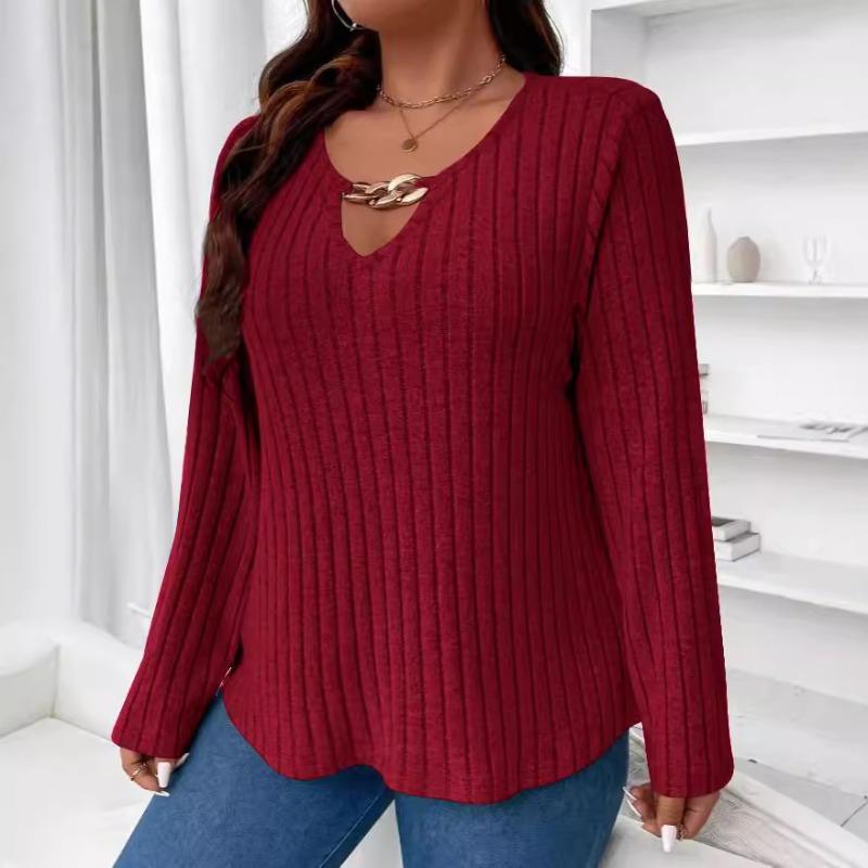Autumn   Solid Color Plus Size Women's Elegant Fashion Blouse V-neck Pit Strip Long-sleeved T-shirt