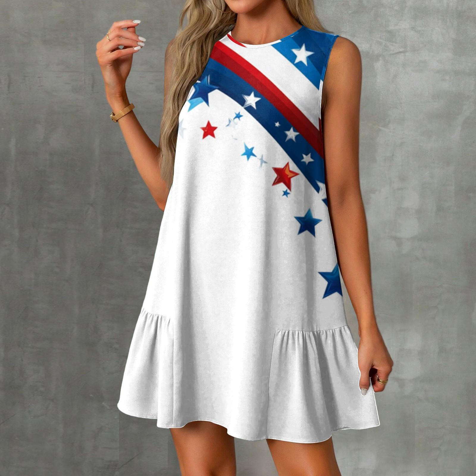 

Женские модные повседневные платья без рукавов с круглым вырезом и оборками с принтом «День независимости» XL белый