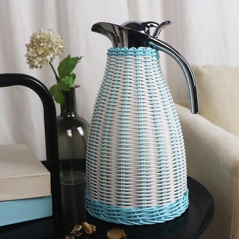 European Style Rattan Woven Stainless Steel Insulated Coffee and Hot Water Thermos Pot
