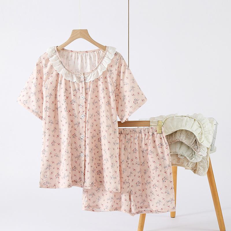 Summer princess style short-sleeved shorts lace floral sweet girls pajamas loungewear cover
