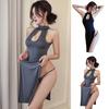 2 Teile/satz Nachthemd Höschen Set Hohe Split Aushöhlen Ärmellose Backless Einfarbig Qipao Stil Cosplay G-string Nachthemd Set