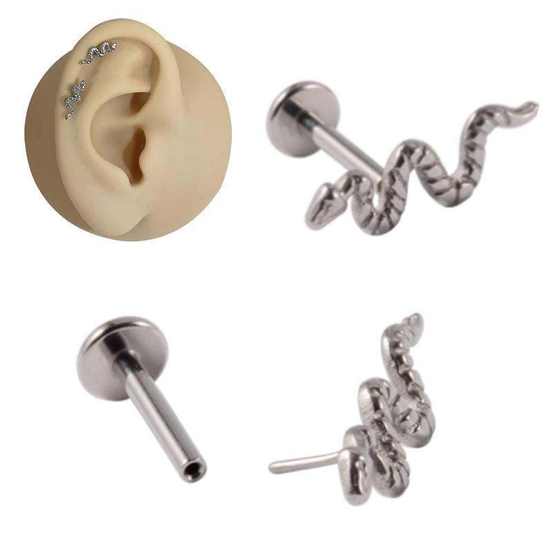 G23 Titanium Snake-Shape Lip & Ear Stud Set: Small T-Shape Pin with Curved Snake Design