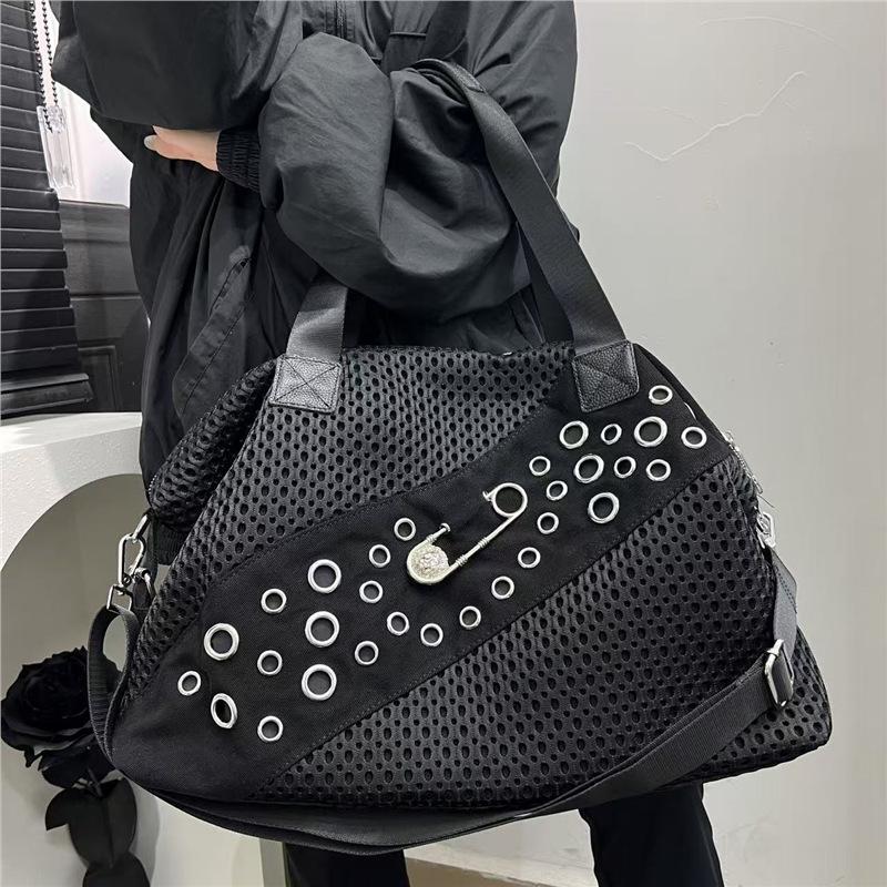 Women S Retro Rivet Splicing Tote Bag Large Capacity Pin Personalized Shoulder Bag Standard чёрный