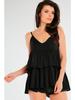 Summer, Loose Blouse with Straps and Ruffles, Black L/XL