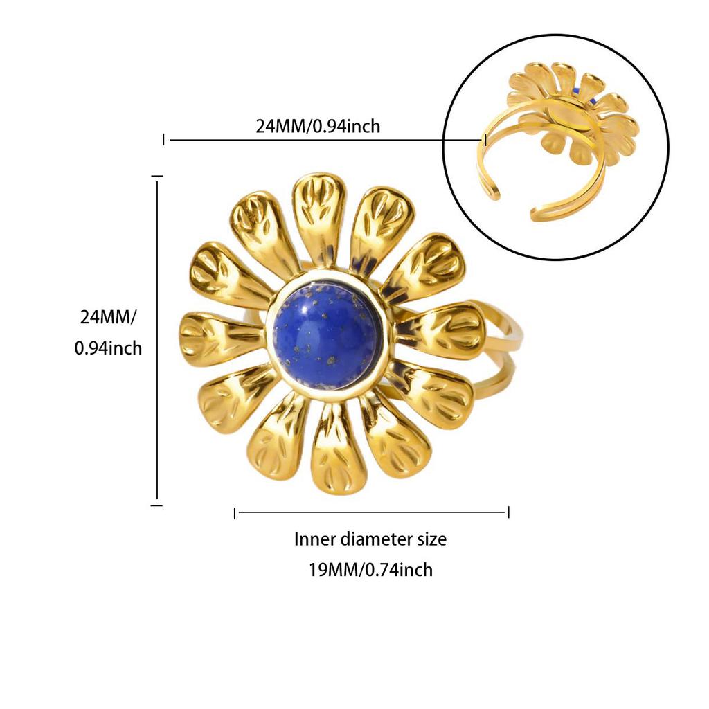 New retro natural stone zircon ring flower round opening stainless steel ring premium versatile jewelry