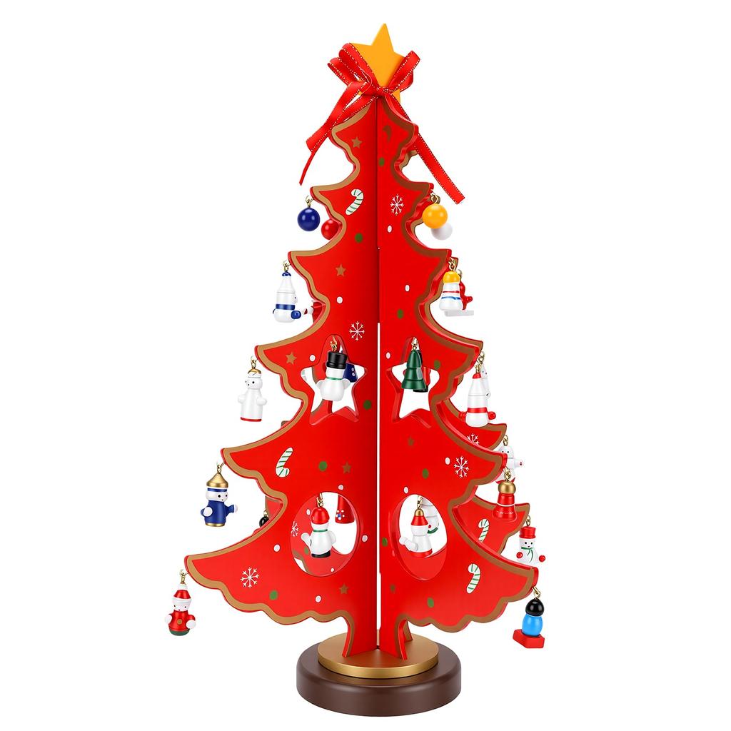 Wooden Xmas Tree Advent Calendar Tabletop Xmas Tree Decoration with Star Topper and 28 Ornaments for Home Red
