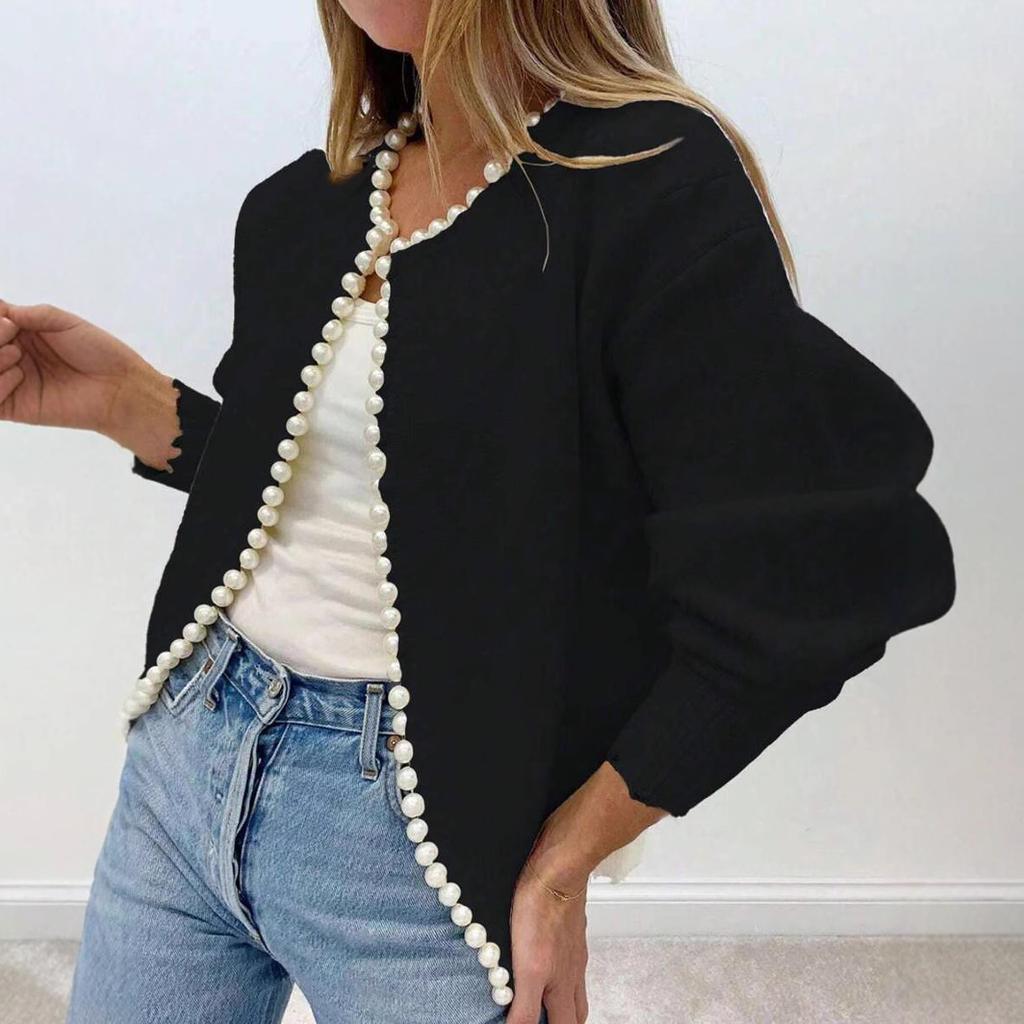 Spring Round Neck Pearl Trim Knit Top Cropped Long Sleeve Detailed Cardigan Fashion Coat Women
