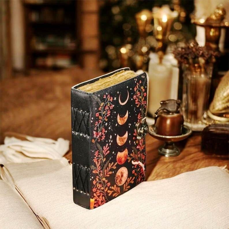 Moon Phase Leather Journal | Handmade Vintage Celestial Notebook | Antique Deckle Paper Diary