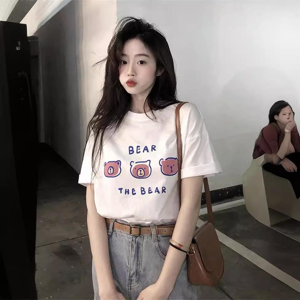 Women's Casual Short Sleeve T-Shirt Cute Cartoon Bear Print Loose Crew Neck Summer Basic Tee Top