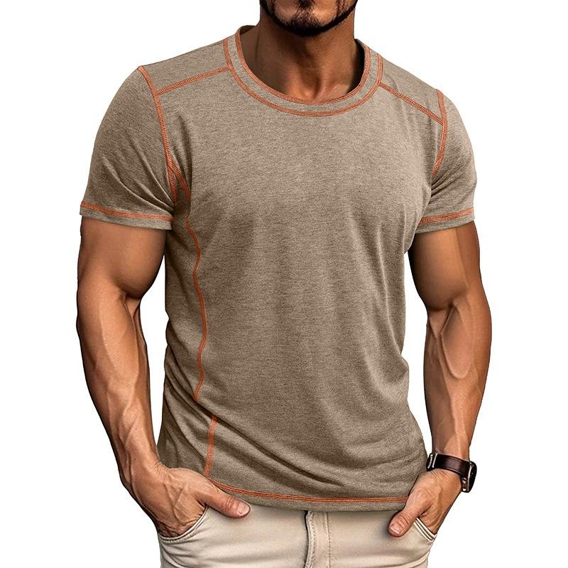 Men's Casual Contrast Stitching Crew Neck T-shirt Short Sleeve Slim Fit Sports Tee
