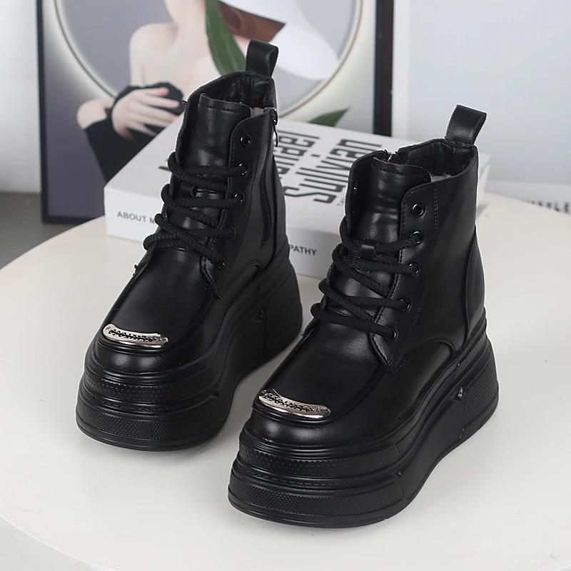 Mode 12CM Echtes Leder Winter Herbst Kamin Plüsch Frühling Stiefeletten Mode Reißverschluss Damen Mokassins Plateau Keilschuhe