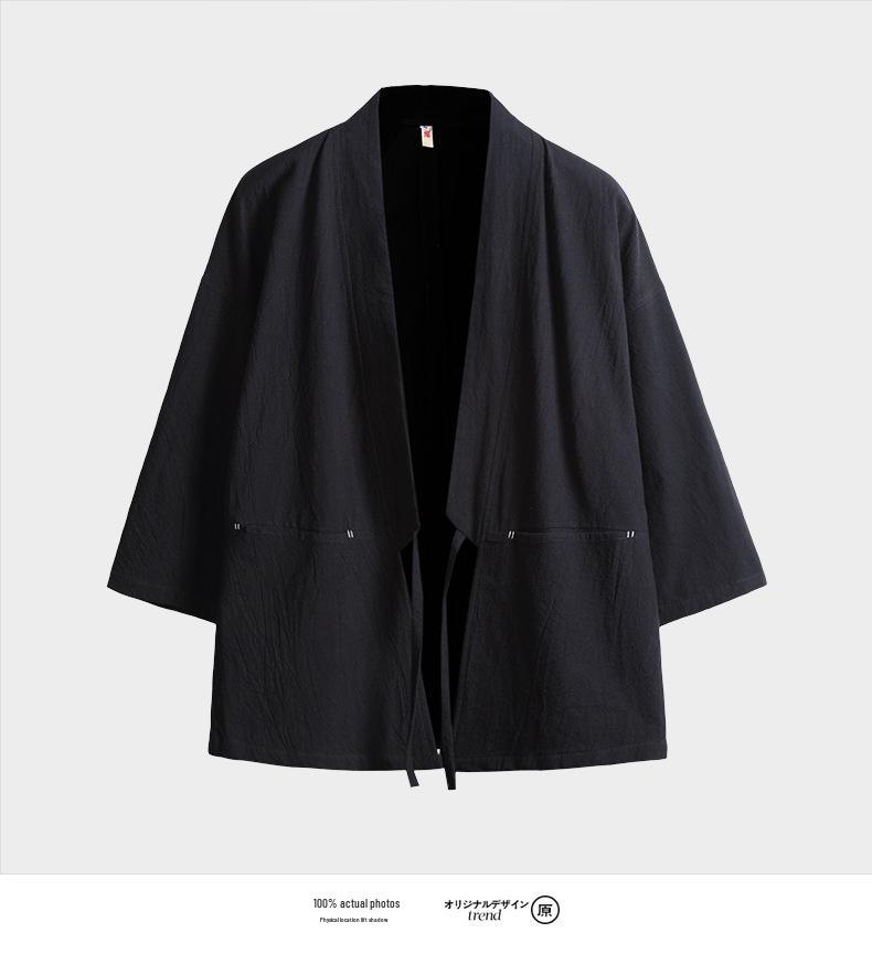Men's Chinese-Style Trench Coat with Tie-Waist, Cape Design, Seven-Sleeve Dao Robe, and Embroidered Hanfu Details.