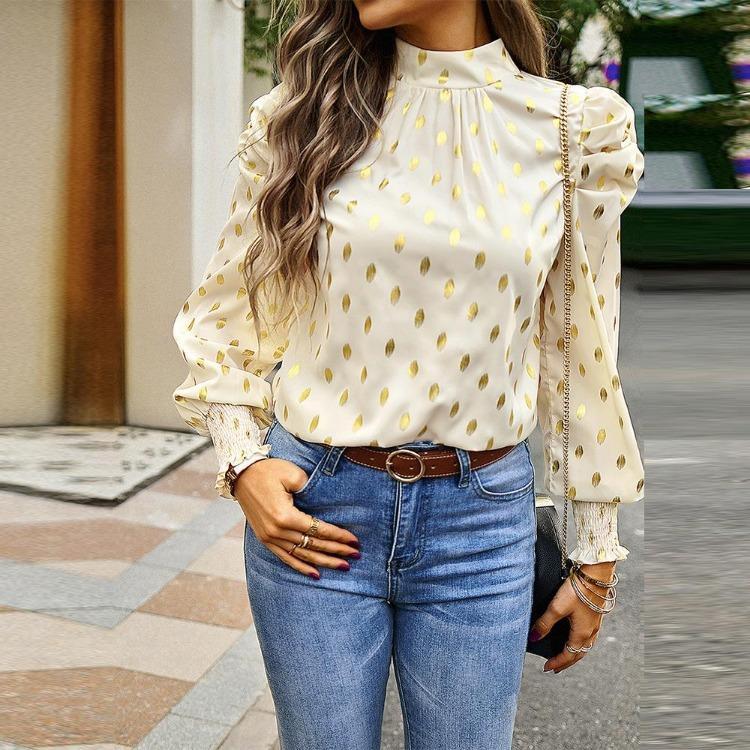 Women Loose Printed Blouses Long Sleeve Round Neck Commuting Autumn Winter