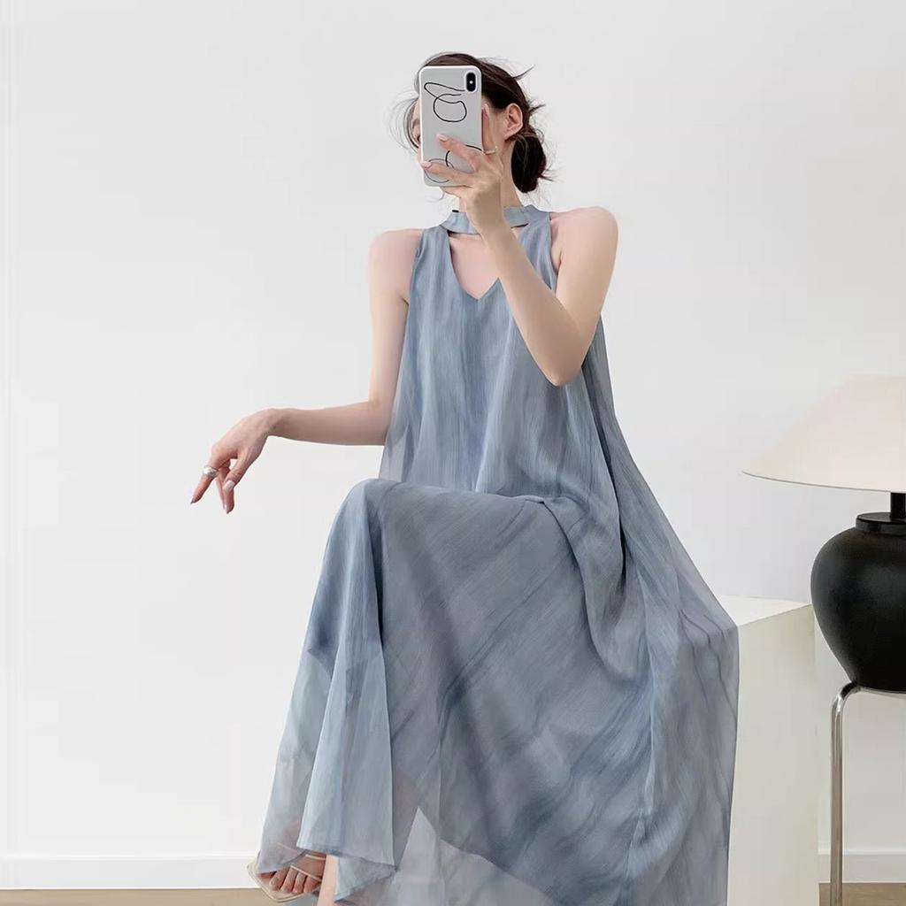 New Lazy Wind French Blue Sleeveless Suspender Dress Children's Summer Seaside Vacation Fairy Dress