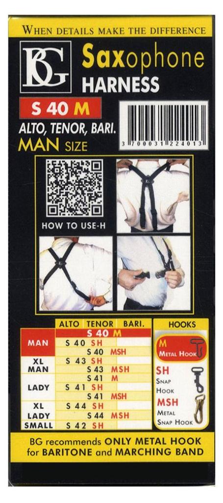 BG HARNESS Strap for AltoTenorBariton Saxophones (Men's) with Metal Hooks, S40M