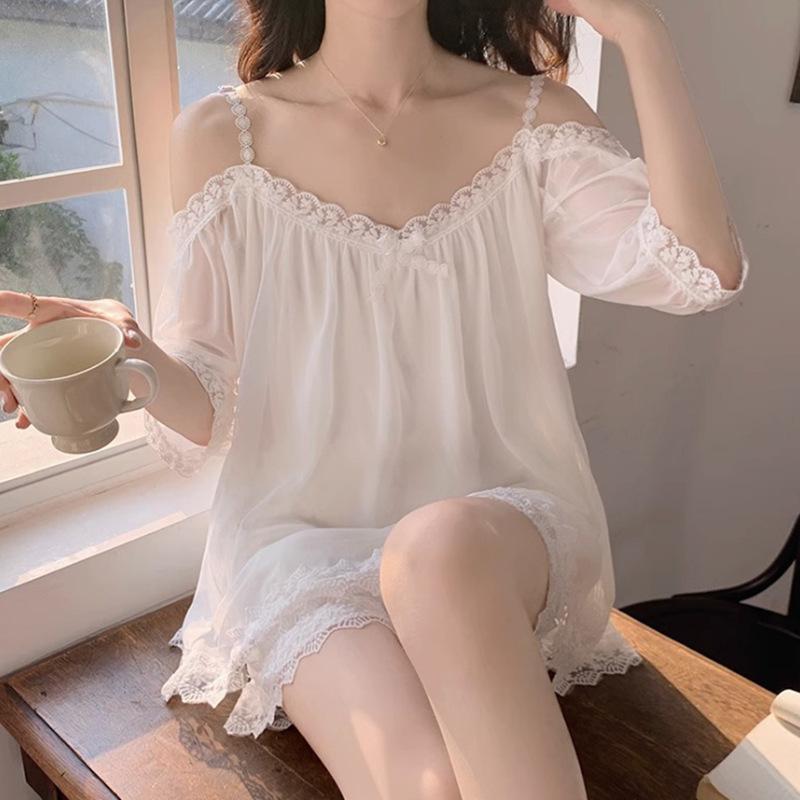 Summer Off-Shoulder Lace Princess Style Pajamas Women'S Suspenders Low-Necked Short-Sleeved Loungewear Sweet And Can Be Worn Outside