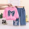 Girls Fall Fashion Denim Set With Applique Bow Long Sleeve Top And Pants 2 Piece Outfit