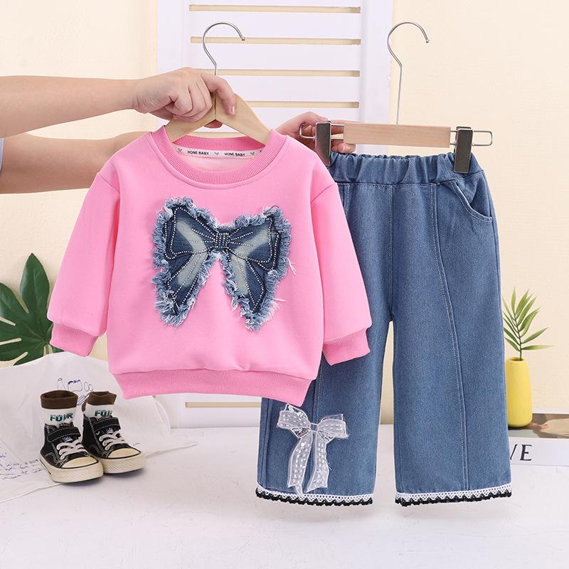 Girls Korean Spring Autumn Rhinestone Bow Sweatshirt Casual Two Piece Set 80