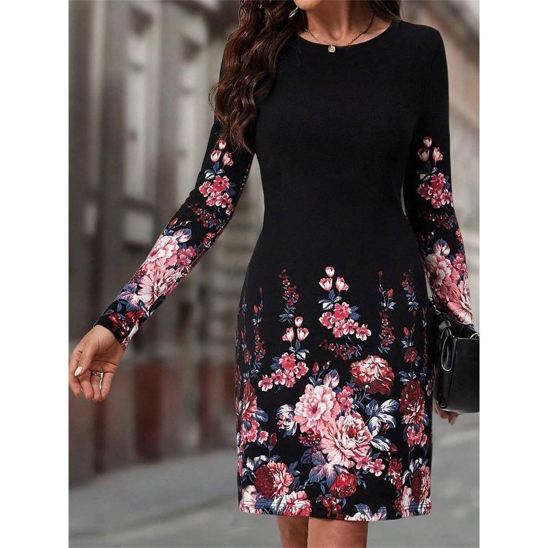 Autumn Winter Women Dress O Neck Flower Print A-Line Long Sleeve Loose Dress Casual Fashion Elegant Ladies Mini Dresses