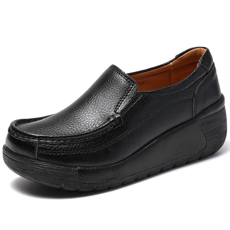 Spring Genuine Leather Casual Shoes Women Lightweight Thick Bottom Wedges Shoes Ladies Non-Slip Height-Increasing Flatform Shoes 35 чёрный 3440₽