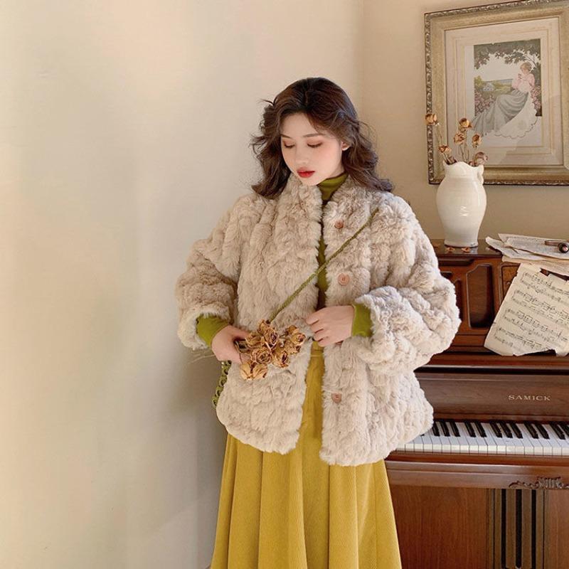 Lamb wool imitation fur coat women's autumn and winter loose plush cotton clothes cotton clothes short top