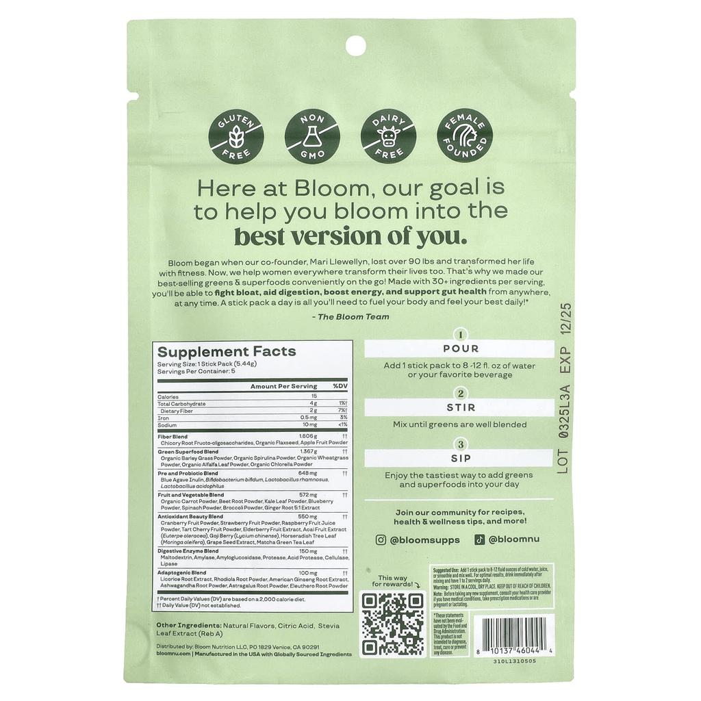 BLOOM Green & Super Food, Berry, 5 Stick Packs, 5.44 G (0.19 Oz) Each