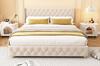 Upholstered Bed 160*200cm with Slatted Frame and Headboard, Button Tufting, Stud Upholstery, Wooden Legs, Velvet, Light Beige