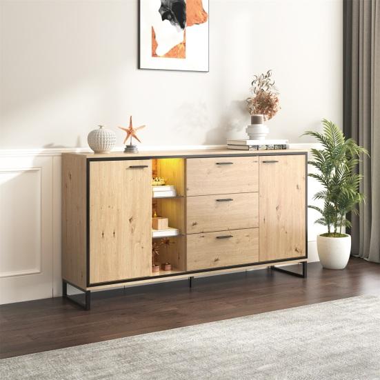 Kitchen Cabinet with Two Doors Three Drawers Wood Grain Metal Legs Wood Color Utility Pantry Dining Room