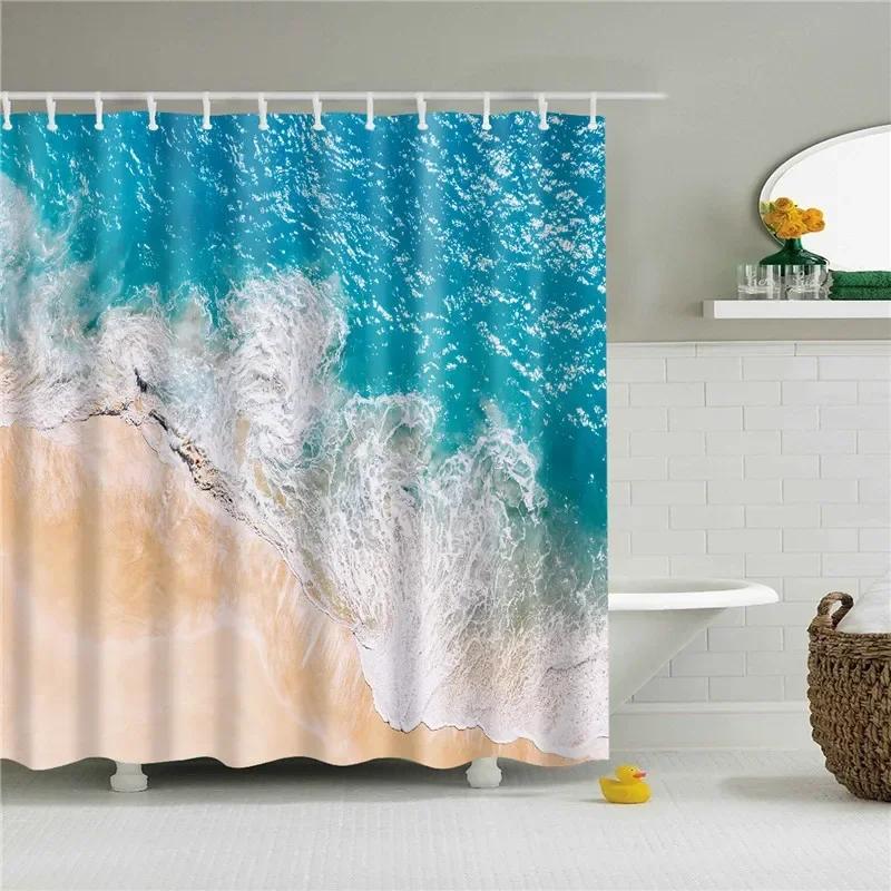 3D Scenic Landscape Seaside Beach Trees Flowers Shell Bath Curtain Shower Curtains for Bathroom Waterproof Polyester Frabic Hook