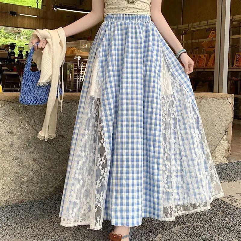 High-Waist A-Line Plaid Skirt with Lace Trim, Plus Size
