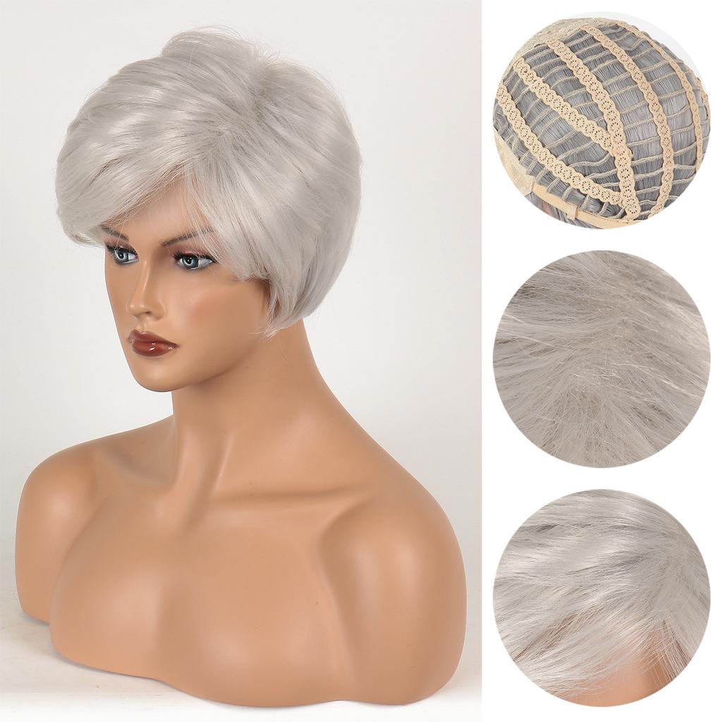 Parrucca Sintetica Liscia Bianca con Frangia Corta Parrucche Complete per Donne Capelli Naturali Cosplay Mamma Parrucche Quotidiane da Festa Capelli Resistenti al Calore