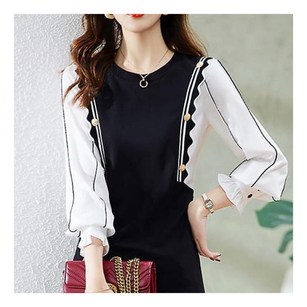 Navava Women Colorblock Round Neck Long Sleeve Dress No722