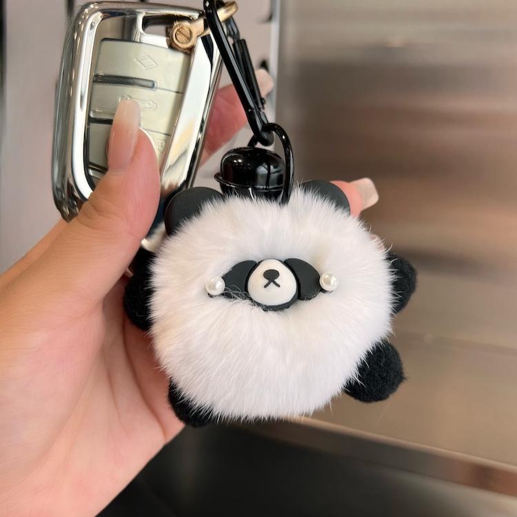 Cute real Rex rabbit hair red panda car keychain pendant ins Internet celebrity hair pom-pom doll book bag pendant