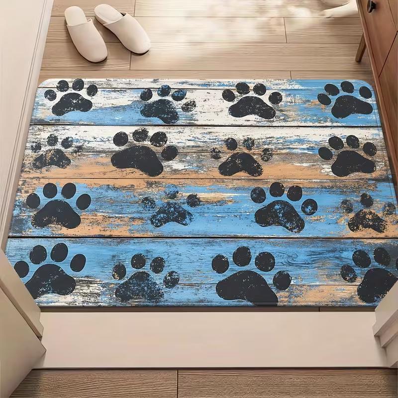 Rustic Paw Print Door Mat Vintage Wood Plank Print Farmhouse Dog Paw Home Decor Carpet Cute Non-Slip Entryway Rug for Front Door