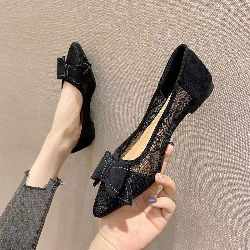 Flat Bow Single Shoes Women's Versatile Work Doudou Shoes Black Pointed Large Size Women's Shoes One Pedal Ladyshoes