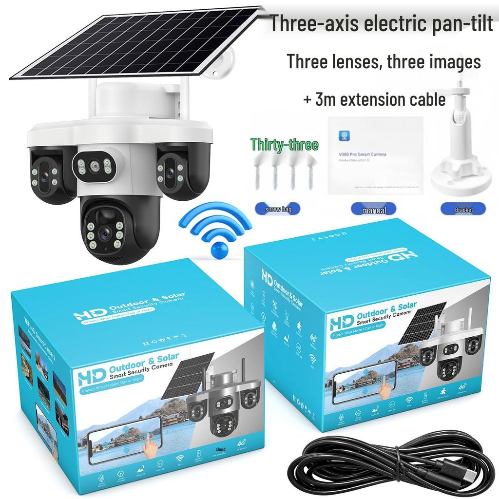 V380 4G Solar Camera with Three-Lens, Three-Axis Gimbal for Home Monitoring - Wireless, Low Power Battery.