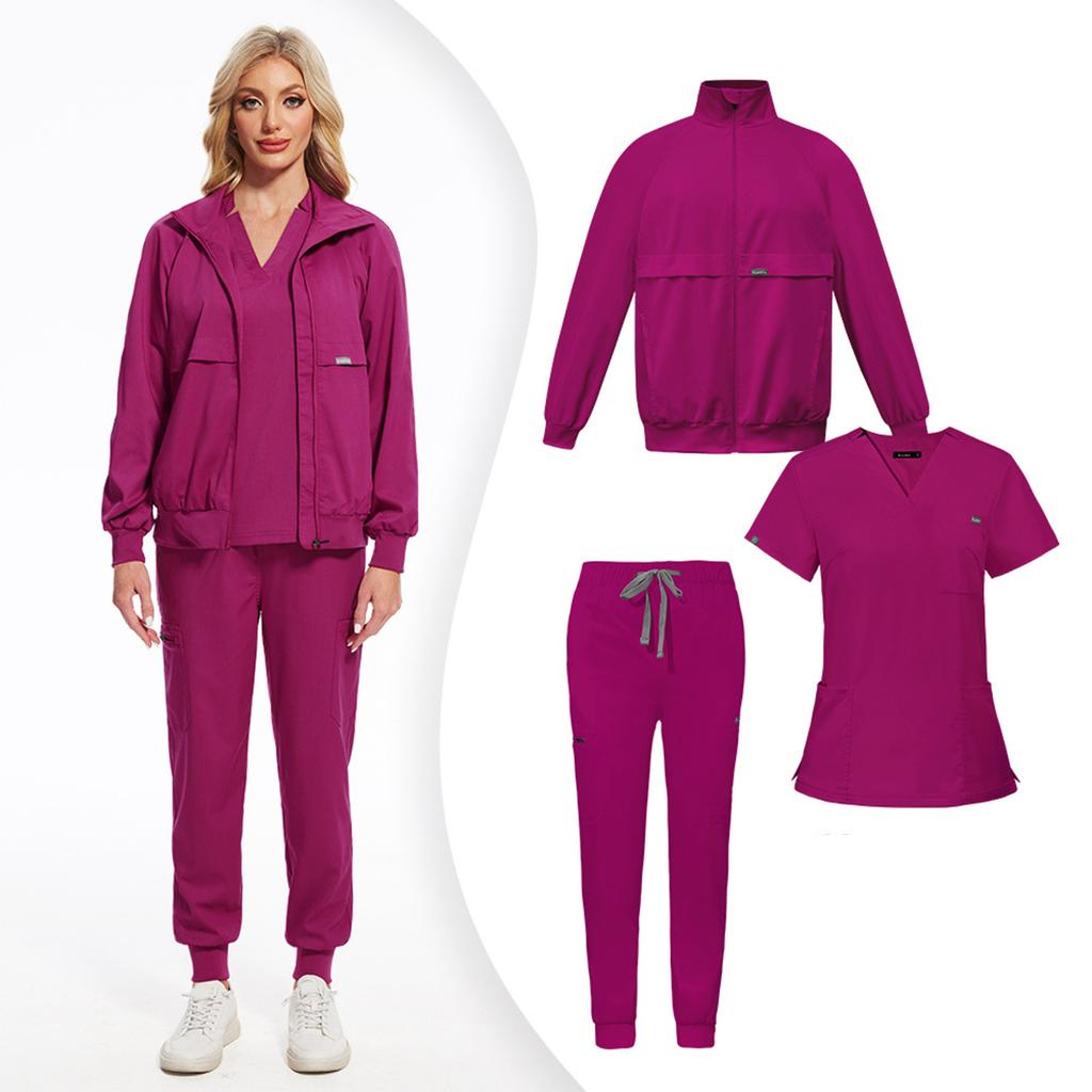 Women's Loose And Comfortable V-neck Short Sleeved Workwear With Multiple Pockets And Beauty Suit Set