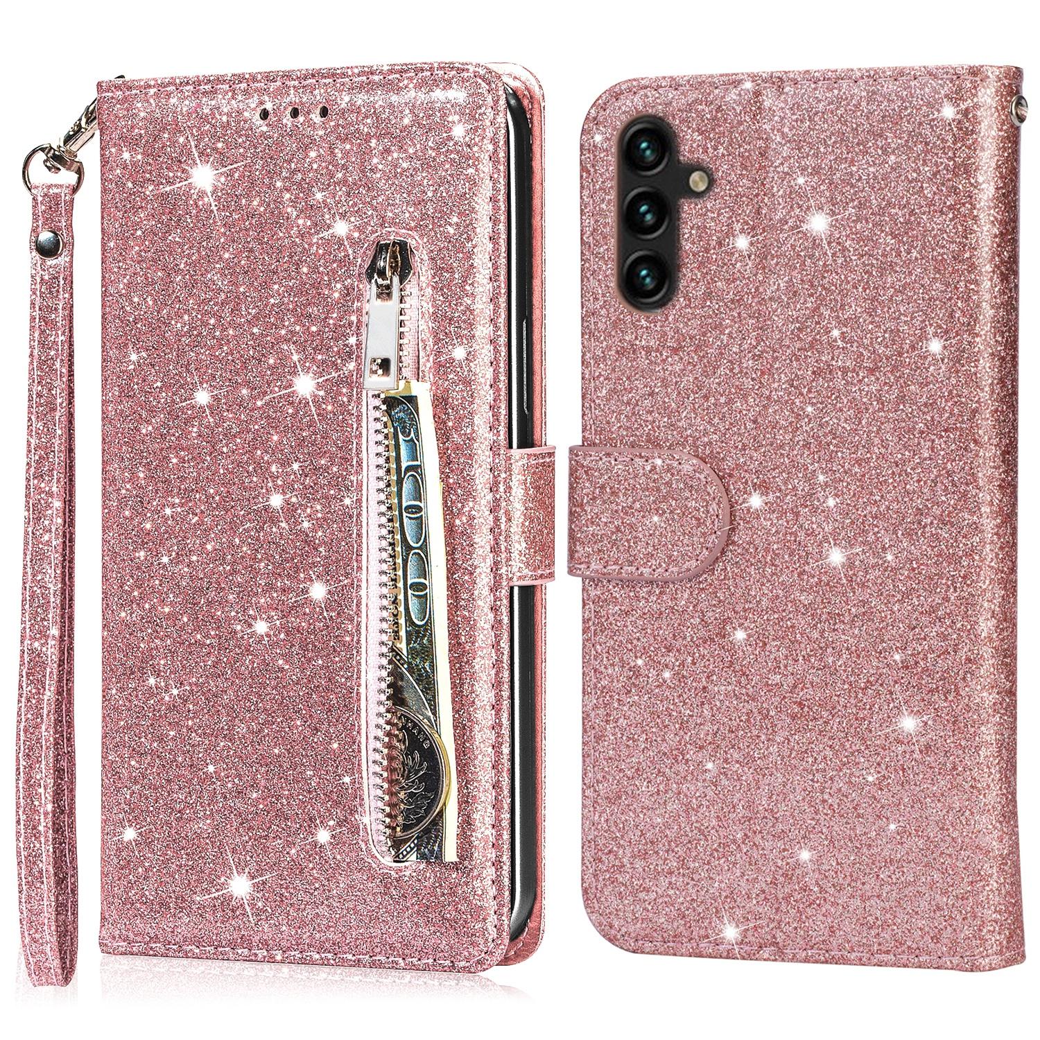 

For Samsung Galaxy A26 5G Stand Case Glitter Phone Leather Cover Zipper Pocket Rose Gold