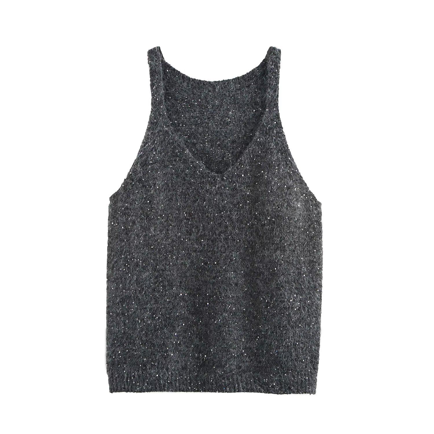 

Весна 2025 Блестящий вязаный жилет средней длины на тонких бретелях для женщин - Европейский и американский стиль One Size темно-серого