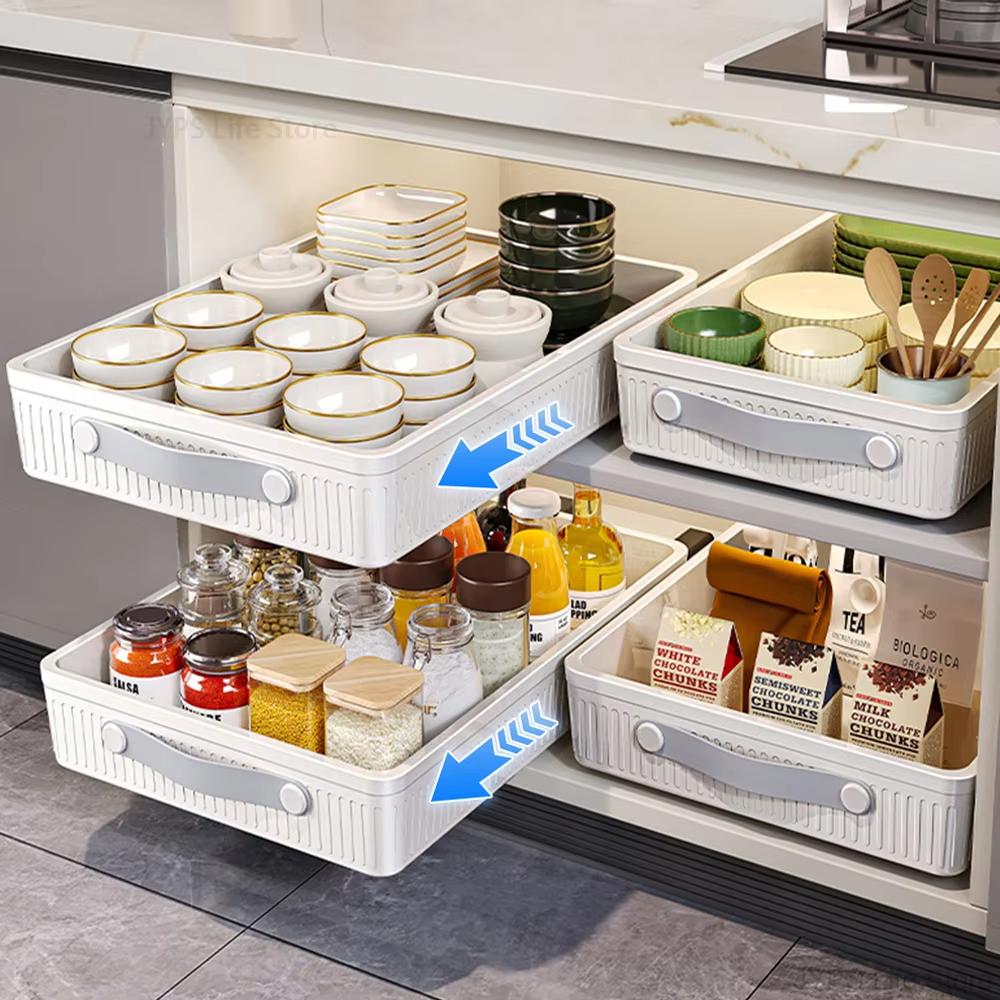 Kitchen Drawer Storage Shelves With Slide Rails Pull Out Cabinet Organizer Storage Tray Spice Bottle Storage Rack Space Saving