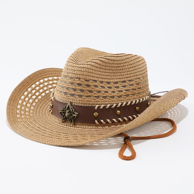 Western Cowboy Straw Hat Hollow Breathable European and American Jazz Hat Outdoor Sunscreen Sun Hat Panama Beach Hat