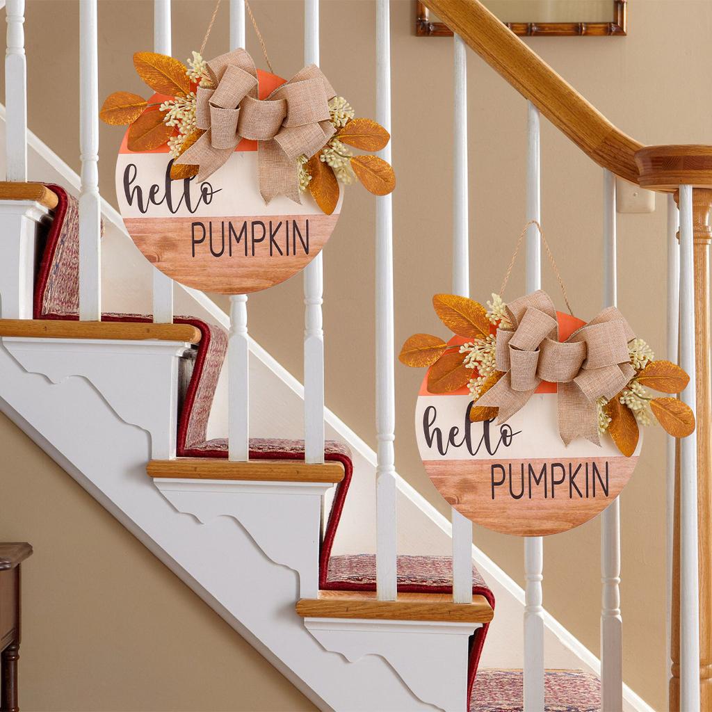 1 pc HELLO FALL hanging, Harvest festival decor Front door garland, Autumn decor Wooden house number pendant with Pumpkin bow, decorative wreaths