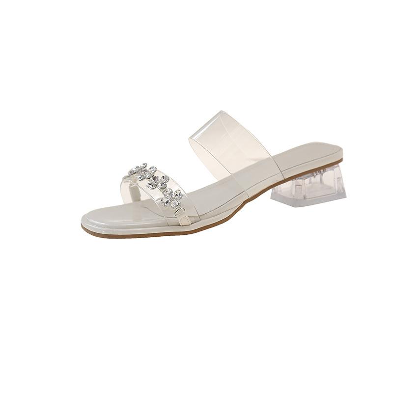 French high heels women's summer outer wear fairy shoes high sense transparent rhinestones word with beautiful high heels cool slippers