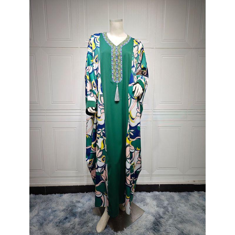 Women clothes 2024 Autumn New Batwing Sleeve Free Size Hot Drilling Middle East Arab Patchwork Tassel Dress Dresses