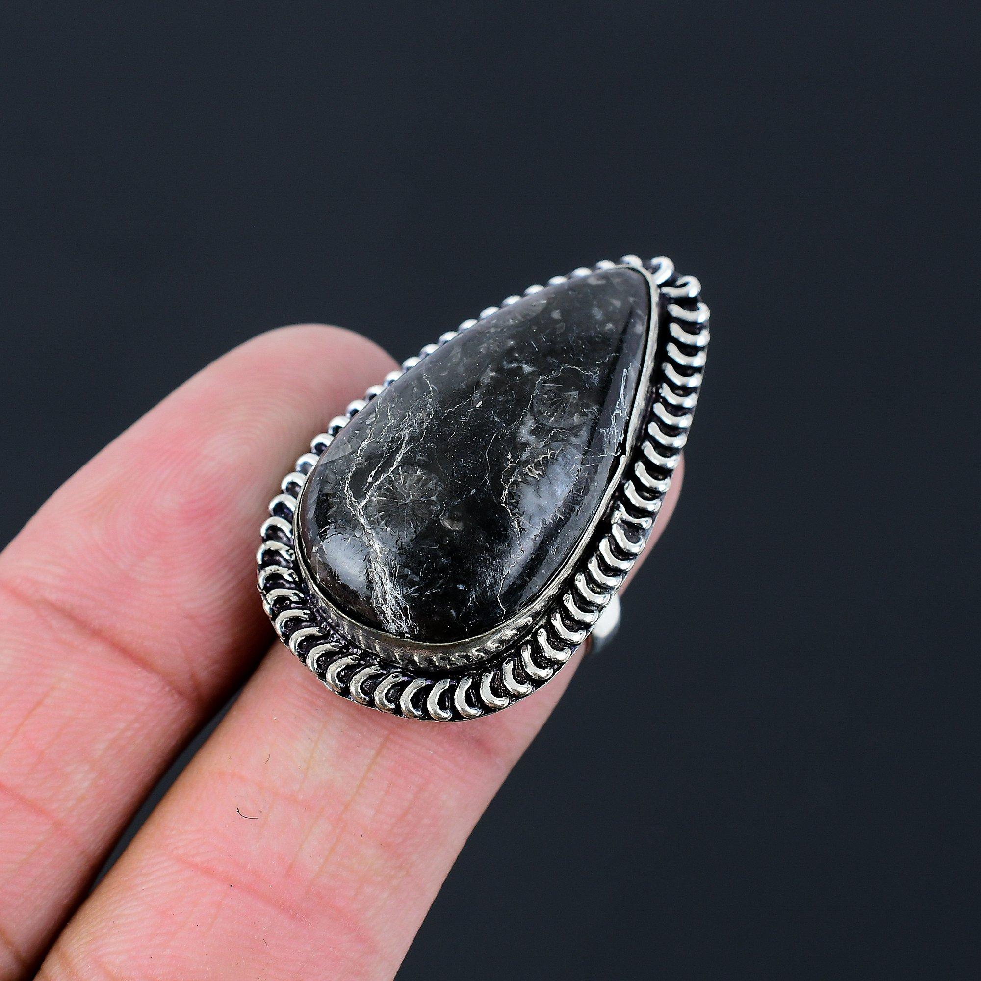 

Natural Black Fossil Coral Sterling Silver Elegant Stackable Ring Jewelry Size 7 7