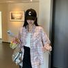Women's Turn Down Collar Long Sleeve Shirt Regular Fit Elegant Lady Jacquard Plaid Casual Blouse Fall Vintage Grid Print Top