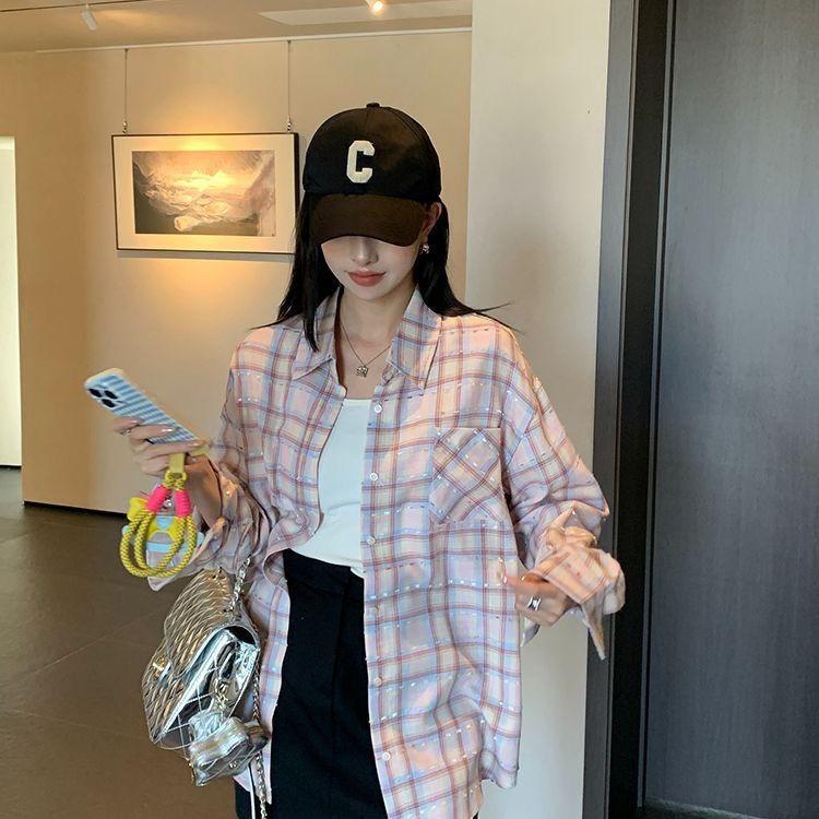 Women's Turn Down Collar Long Sleeve Shirt Regular Fit Elegant Lady Jacquard Plaid Casual Blouse Fall Vintage Grid Print Top