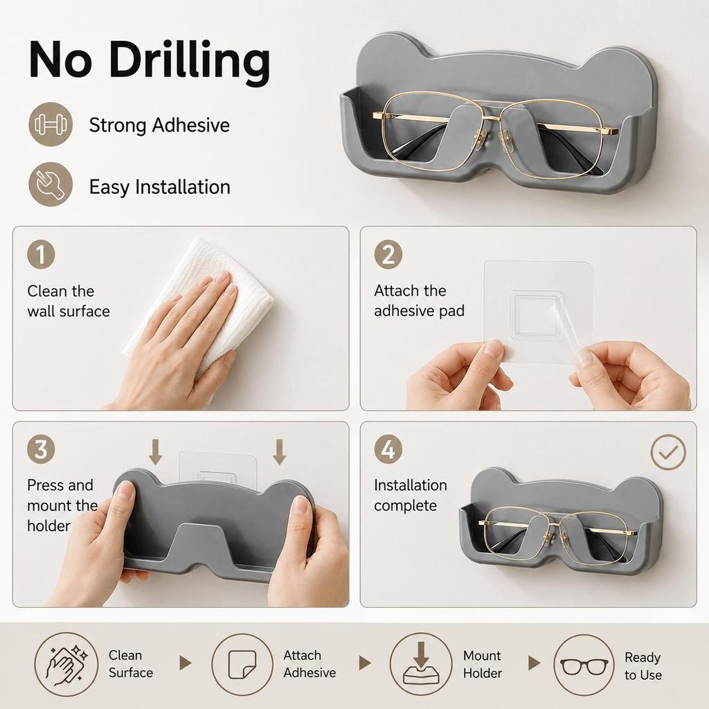 2Pcs Wall Mounted Glasses Holder, Self Adhesive Glasses Storage Rack, No Drilling Sunglasses Storage Box, Space Saving Glasses Holder For Bedroom